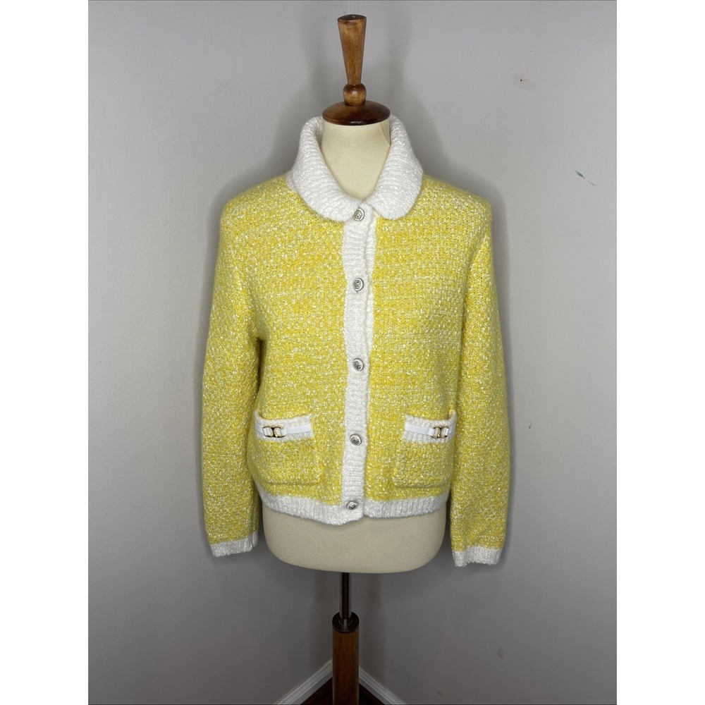 Maje Missiony Collared Metallic Boucle Cardigan Sweater in Yellow Horse Bit sz 3